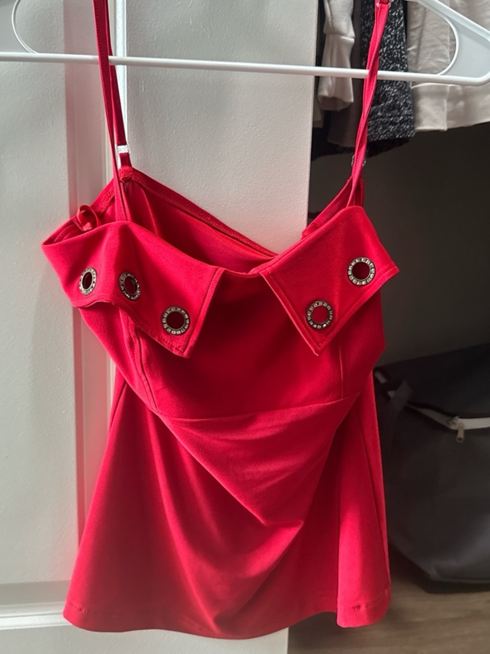 Red Grommet Detail Spaghetti Strap Top